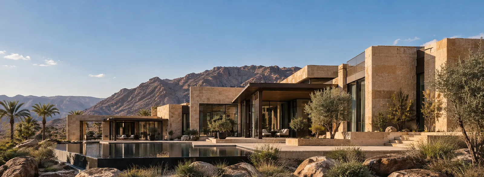 عمارة سعودية معاصرة تعبيرية من الحجر الطبيعي بين الجبال